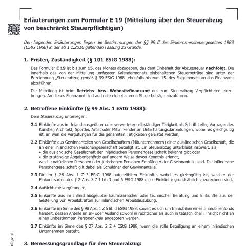 Dokumentvorschau: E19a — Erläuterungen zum Formular E 19 (Mitteilung über den Steuerabzug von beschränkt Steuerpflichtigen) — Steuern, Österreich (CERFA n°E19a)