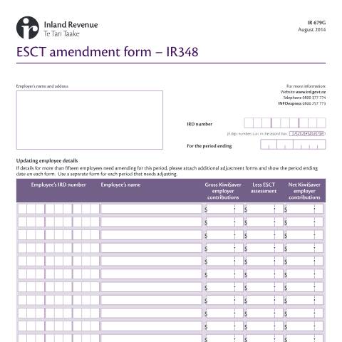 Document preview: ESCT amendment form — Employing staff, Income tax, New Zealand (CERFA n°IR679G)