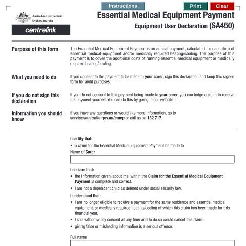 Document preview: Essential Medical Equipment Payment - Equipment User Declaration — Services Australia — Individuals (by code), Australia (CERFA n°SA450)