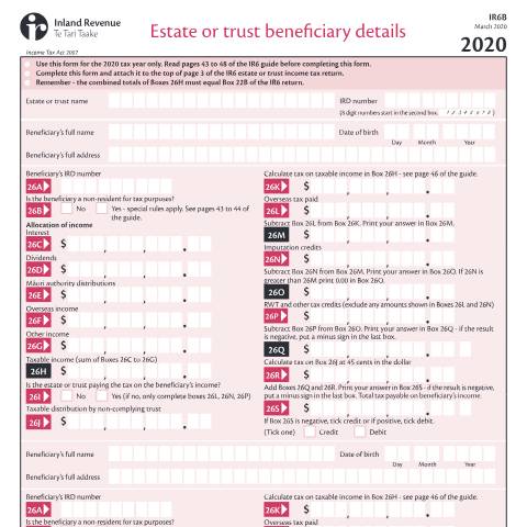 Document preview: Estate or trust beneficiary details — Income tax, New Zealand (CERFA n°IR6B)