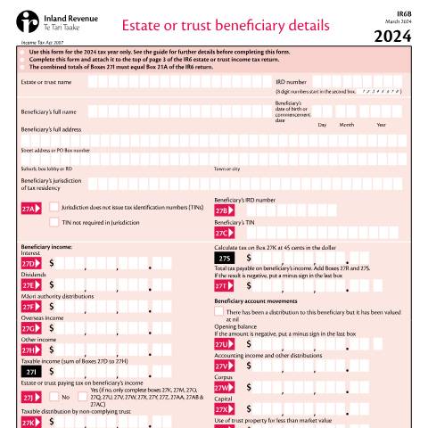 Document preview: Estate or trust beneficiary details — Income tax, New Zealand (CERFA n°IR6B)