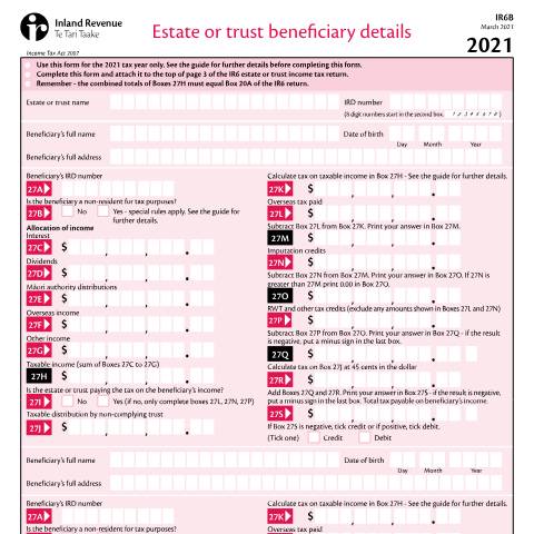 Document preview: Estate or trust beneficiary details — Income tax, New Zealand (CERFA n°IR6B)