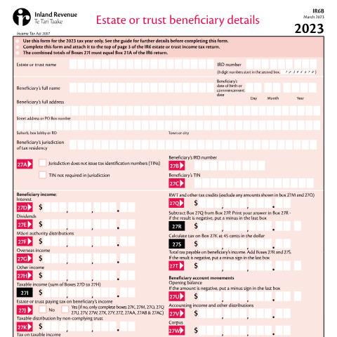 Document preview: Estate or trust beneficiary details — Income tax, New Zealand (CERFA n°IR6B)