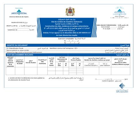 Aperçu du document Etat du nombre de chambres réalisées- Construction de cités, résidences et campus universitaires — Impôt sur le revenu ; Impôt sur les sociétés, Maroc (CERFA n°ADC018B-23I)