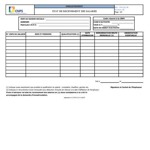 Aperçu du document ETAT DE RECENSEMENT DES SALARIES (version 04) — Document CNPS (prévoyance sociale), Côte d'Ivoire