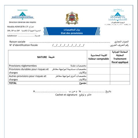 Aperçu du document Etat des provisions — Impôt sur le revenu, Maroc (CERFA n°ADM187B-17I)