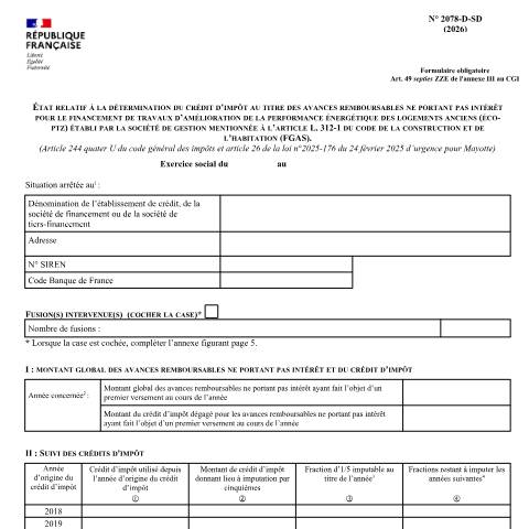 Aperçu du document État relatif à la détermination du crédit d'impôt "Eco-PTZ" — Professionnels, France (CERFA n°12521*16)