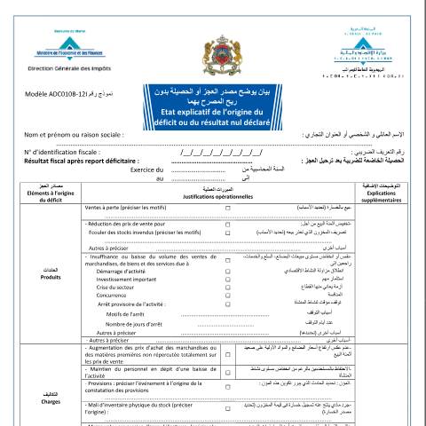 Aperçu du document Etat explicatif de l'origine du déficit ou du résultat nul déclaré — Impôt sur le revenu ; Impôt sur les sociétés, Maroc (CERFA n°ADC010B-12I)