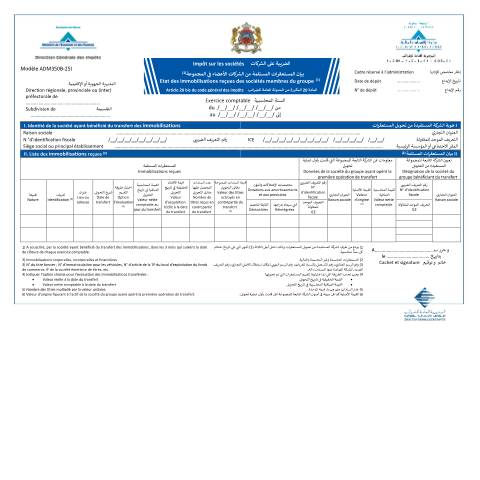 Aperçu du document Impôt sur les sociétés - Etat des immobilisations reçues des sociétés membres du groupe — Impôt sur les sociétés, Maroc (CERFA n°ADM350B-25I)