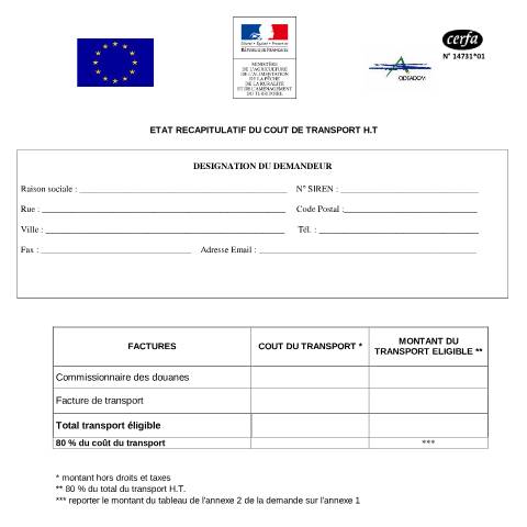 Aperçu du document État récapitulatif du coût de transport — Professionnels, France (CERFA n°14731*01)