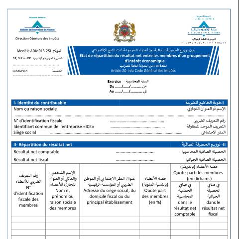 Aperçu du document Etat de répartition du résultat net entre les membres d’un groupement d’intérêt économique — Impôt sur les sociétés, Maroc (CERFA n°ADM013B-25I)