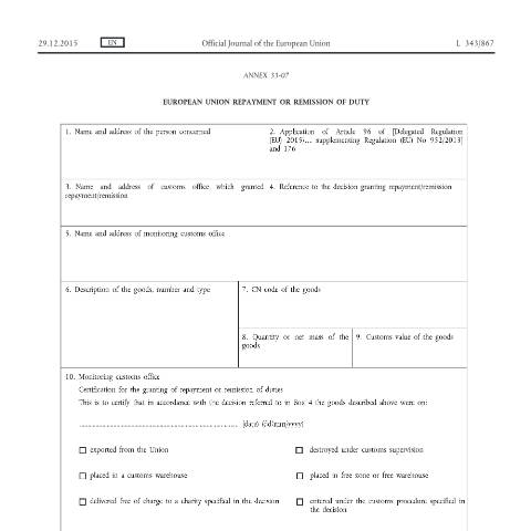 Document preview: Customs and Excise Forms — european-union-repayment-or-remission-of-duty.pdf — duty, Malta (CERFA n°european-union-repayment-or-remission-of-duty)