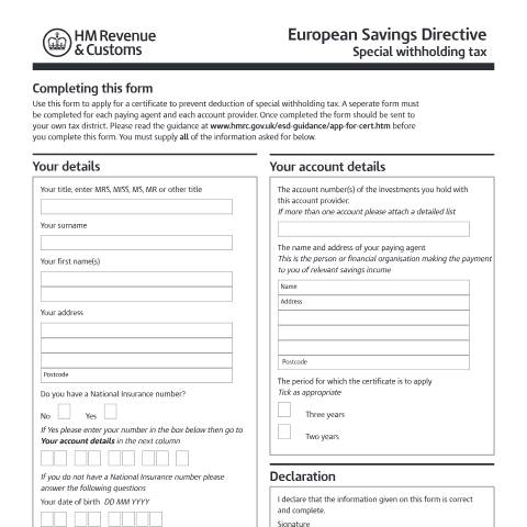 Document preview: European Union Savings Directive: tax certificate (EUSD (SWT)1) — HM Revenue & Customs, United Kingdom