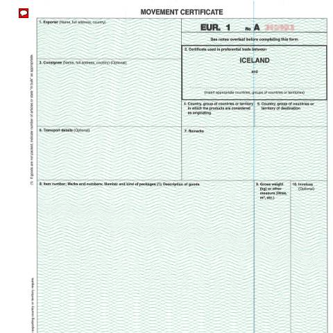 Document preview: EUR1 Sniðmát sem hægt er að fylla út og prenta á forprentað EUR1 skírteini Vinsamlega lesið leiðbeiningar inni í skjalinu. — Tollamál, Ísland