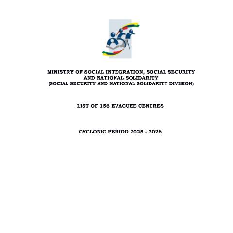 Document preview: List of 156 Evacuee Centres – Cyclonic Season 2025 – 2026 — Reference, Mauritius (CERFA n°List-of-156-Evacuee-Centres-Cyclonic-Season-2025-2026-1)