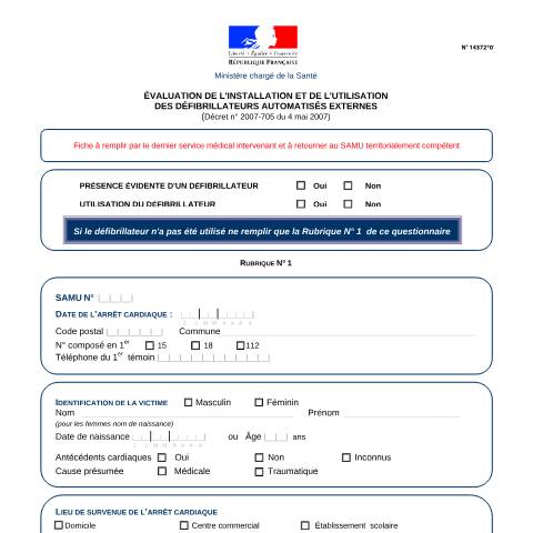 Aperçu du document Évaluation de l'installation et de l'utilisation des défibrillateurs automatisés externes — Professionnels, France (CERFA n°14372*01)