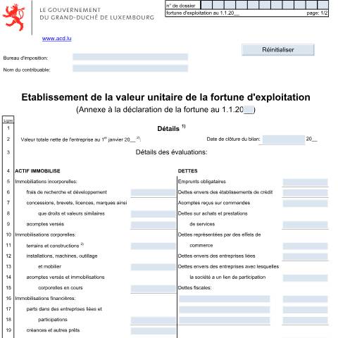 Aperçu du document Annexe: "Etablissement de la valeur unitaire de la fortune d'exploitation" — Impôt sur la fortune, Luxembourg (CERFA n°Fort.Cap. F)