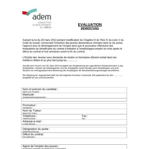 Aperçu du document Contrat d'initiation à l'emploi (CIE) - évaluation du jeune par le tuteur Contrat d'initiation à l'emploi (CIE) - évaluation du jeune par le tuteur — Contrat recrutement, Luxembourg (CERFA n°evaluation-CAE_CIE)