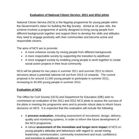 Document preview: Evaluation of National Citizen Service: description of requirements — Cabinet Office, United Kingdom