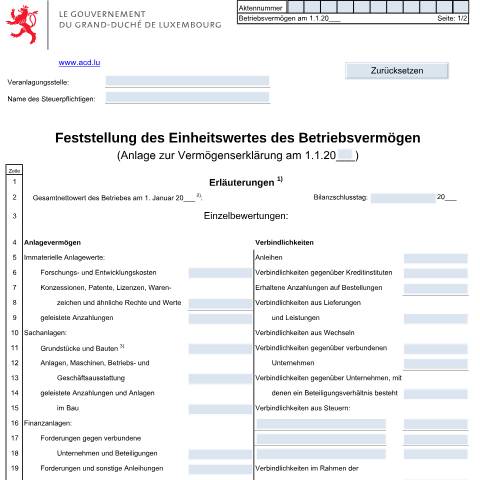 Aperçu du document Anlage: "Feststellung des Einheitswertes des Betriebsvermögens" — Impôt sur la fortune, Luxembourg (CERFA n°Fort.Cap. D)