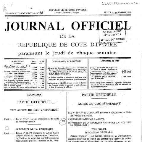Aperçu du document Loi n° 99-477 du 02 août 1999 portant modification du Code de Prévoyance Sociale (Amendment to the Social Security Code) — Document CNPS (prévoyance sociale), Côte d'Ivoire