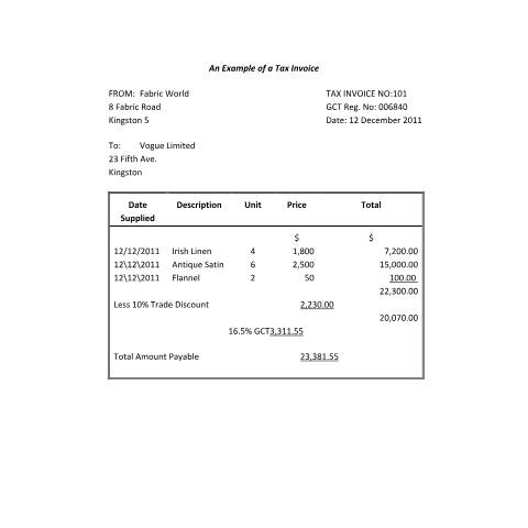 Document preview: Example of a Tax Invoice — Document, Jamaica (CERFA n°example_of_a_tax_invoice)