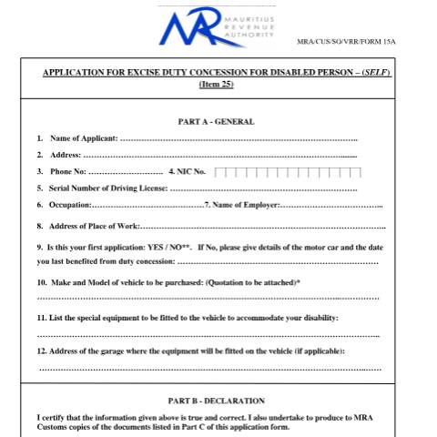 Document preview: Self — Document, Mauritius (CERFA n°DisabledSelf)