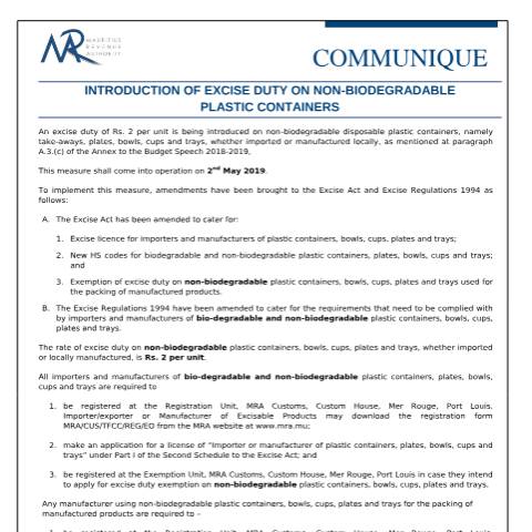 Document preview: Introduction of Excise Duty on Non-Biodegradable Plastic Containers (15.04.19) — Document, Mauritius (CERFA n°Biodegradable150419)