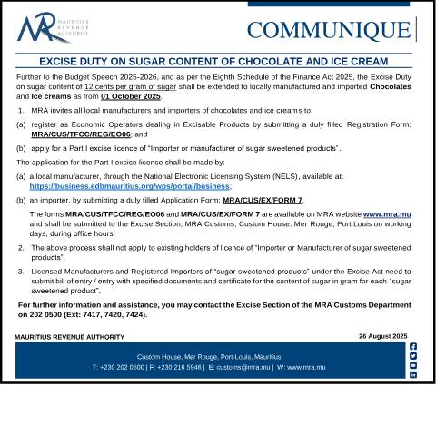 Document preview: Excise Duty on Sugar Content of Chocolate and Ice Cream (26.08.25) — Notice / Circular, Mauritius (CERFA n°CommuniqueExcise260825)