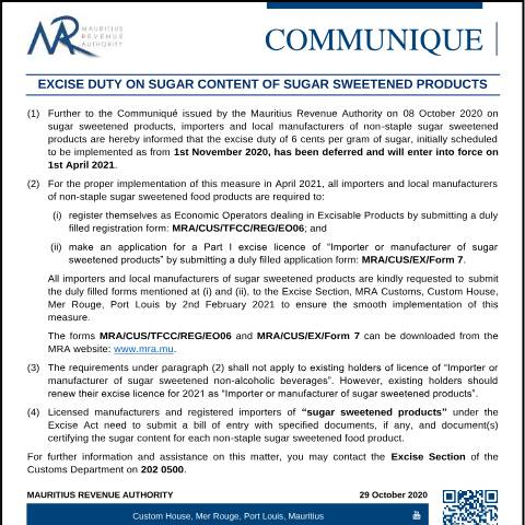 Document preview: Excise Duty on Sugar Content of Sugar Sweetened Products (29.10.20) — Document, Mauritius (CERFA n°SugarContent291020)
