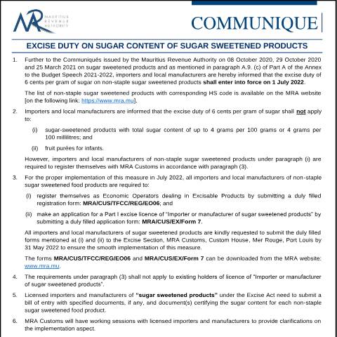 Document preview: Excise Duty on Sugar Content of Sugar Sweetened Products (08.02.22) — Notice / Circular, Mauritius (CERFA n°Communique080222)