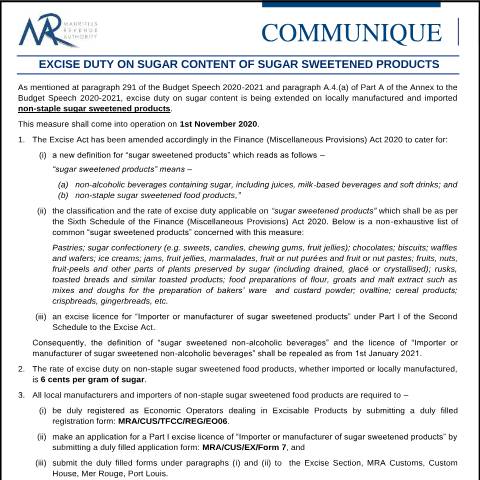 Document preview: Excise Duty on Sugar Content of Sugar Sweetened Products (08.10.20) — Notice / Circular, Mauritius (CERFA n°CommuniqueExciseDuty081020)
