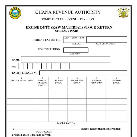 Document preview: Excise Raw Material Stock Return Form — tax, Ghana (CERFA n°DT-0132)