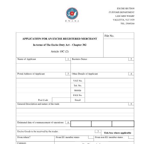 Document preview: Customs and Excise Forms — application---excise-registered-merchant.pdf — customs_excise, Malta (CERFA n°application---excise-registered-merchant)