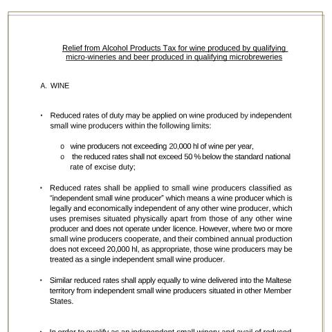 Document preview: All you Need to Know About Excise — relief-from-apt-for-wine-and-beer-by-independent-small-producers-words-version.pdf — income_tax, Malta (CERFA n°relief-from-apt-for-wine-and-beer-by-independent-small-produ)