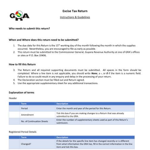 Document preview: Excise Return Guide — Income Tax, Guyana