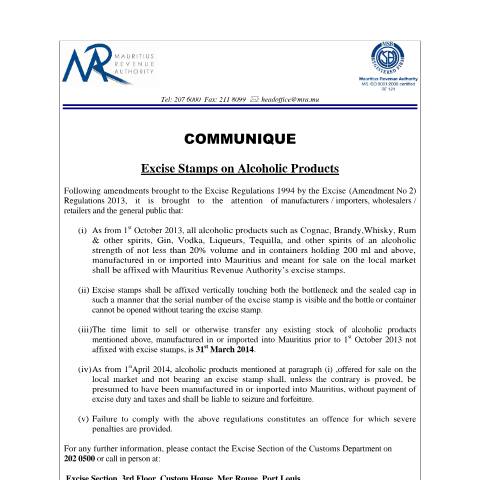 Document preview: Excise Stamps on Alcoholic drinks (17.09.2013) — Notice / Circular, Mauritius (CERFA n°CommuniqueExciseStampAlcoholic2013)