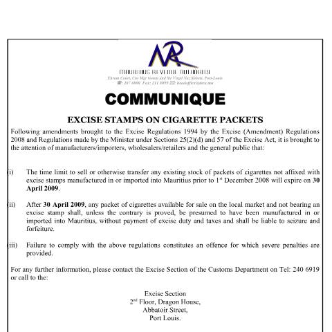 Document preview: Excise Stamps (27.04.2009) — Notice / Circular, Mauritius (CERFA n°ExciseStampCommunique270409)
