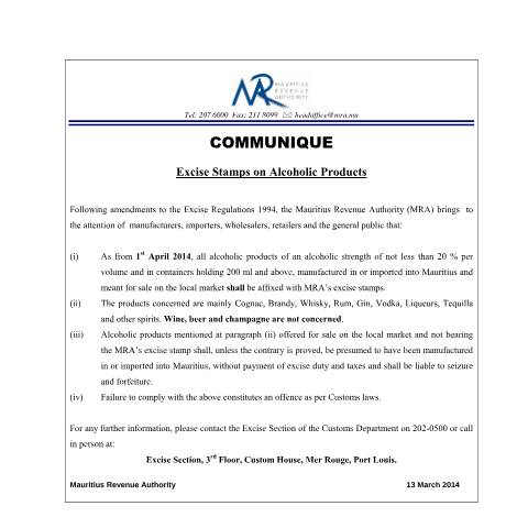 Document preview: Excise Stamps on Alcoholic Products (13.03.14) — Document, Mauritius (CERFA n°ExciseStamps_AlcoholicProducts)