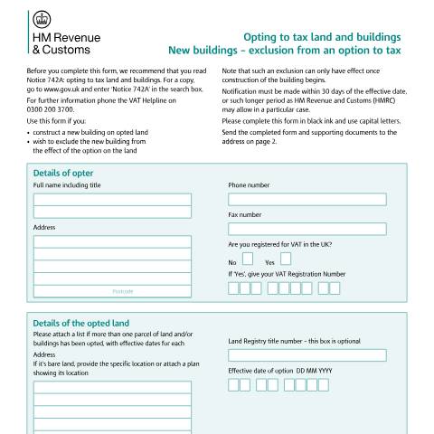 Document preview: Exclude a new building from an option to tax for VAT purposes — HM Revenue & Customs, United Kingdom