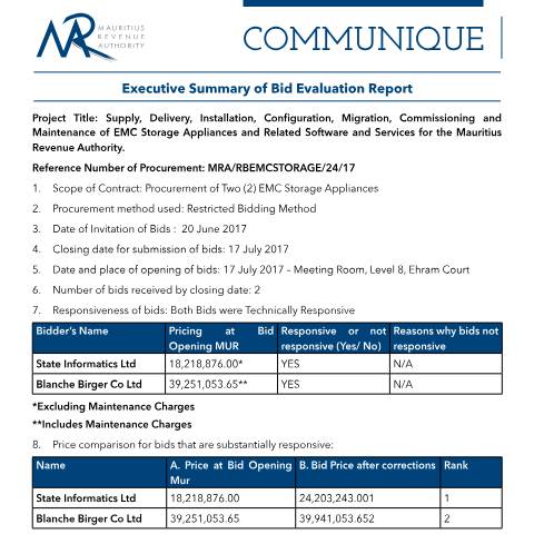 Document preview: Executive Summary of Bid Evaluation Report (08.08.17) — Publication, Mauritius (CERFA n°Bid080817)