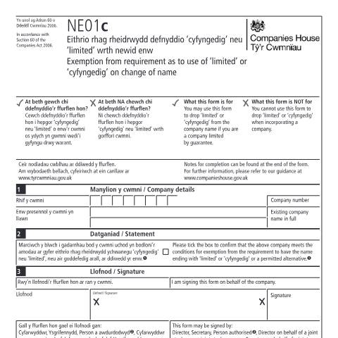 Document preview: Gain exemption from requirement as to use of limited or cyfyngedig (NE01c) — Companies House, United Kingdom