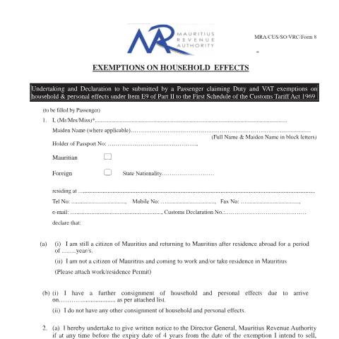 Document preview: Exemptions on Household Effects — Document, Mauritius (CERFA n°RevisedForm8ExmptonHouseholdEffects)