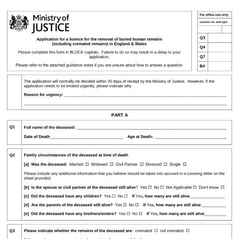 Document preview: Apply to exhume human remains — Ministry of Justice, United Kingdom