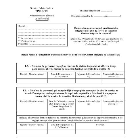 Aperçu du document Exonération pour personnel supplémentaire affecté comme chef de service de la section Gestion intégrale de la qualité — SPF Finances, Belgique (CERFA n°155-276w4)