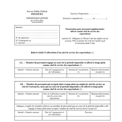 Aperçu du document Exonération pour personnel supplémentaire affecté comme chef de service des exportations — IPP INR/pers.phys., Belgique (CERFA n°155-276w3)