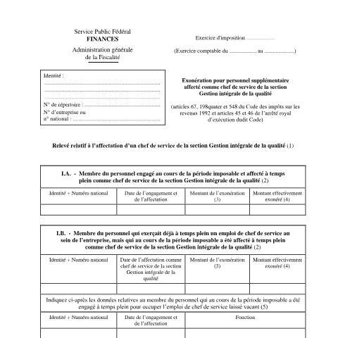 Aperçu du document Exonération pour personnel supplémentaire affecté comme chef de service de la section Gestion intégrale de la qualité — IPP INR/pers.phys., Belgique (CERFA n°155-276w4)