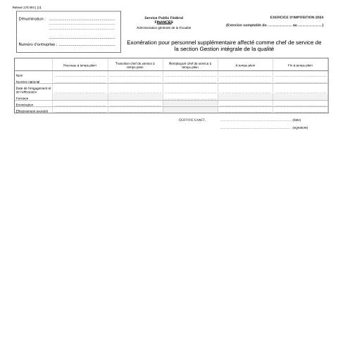 Aperçu du document Exonération pour personnel supplémentaire affecté comme chef de service de la section Gestion intégrale de la qualité (PDF, 133.7 Ko) — SPF Finances, Belgique (CERFA n°121-276-w4)