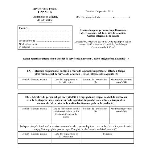 Aperçu du document Exonération pour personnel supplémentaire affecté comme chef de service de la section Gestion intégrale de la qualité — SPF Finances, Belgique (CERFA n°155-276w4)