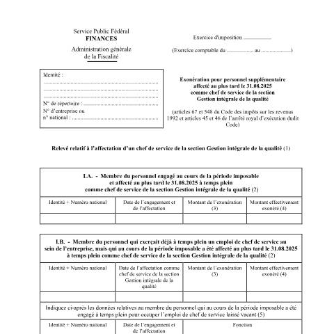 Aperçu du document Exonération pour personnel supplémentaire affecté comme chef de service de la section Gestion intégrale de la qualité — IPP INR/pers.phys., Belgique (CERFA n°155-276w4)